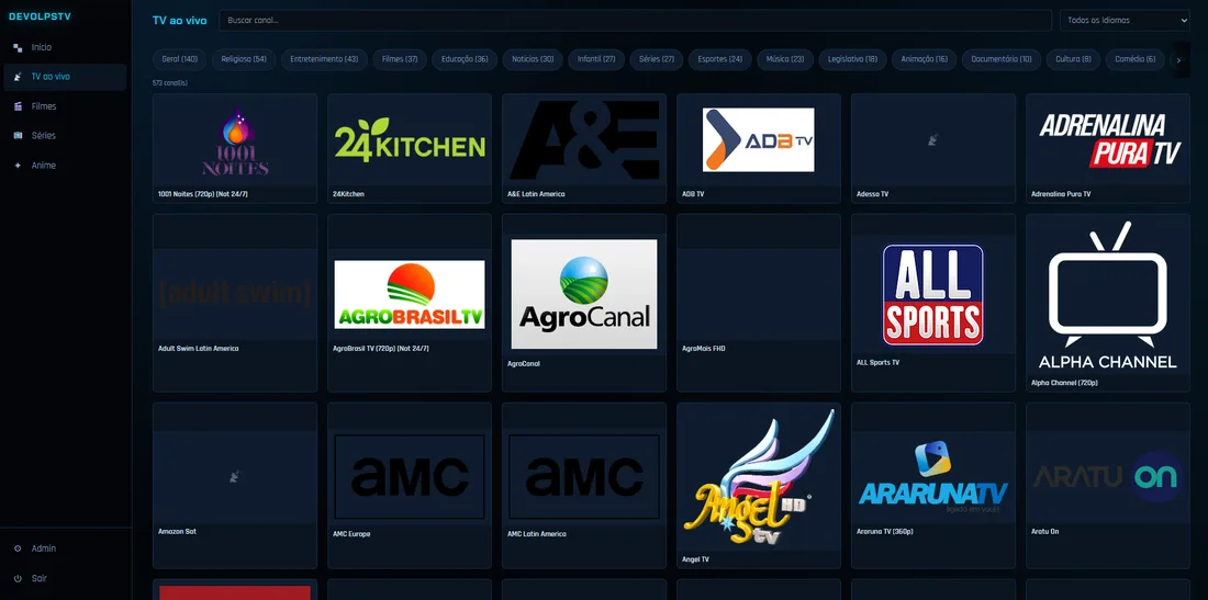 Tela de TV ao vivo do DevolpsTV com canais separados por categoria