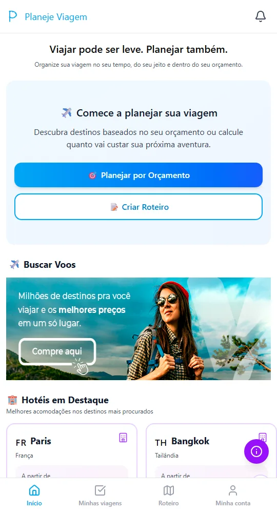 Tela inicial do app Planeje Viagem no celular